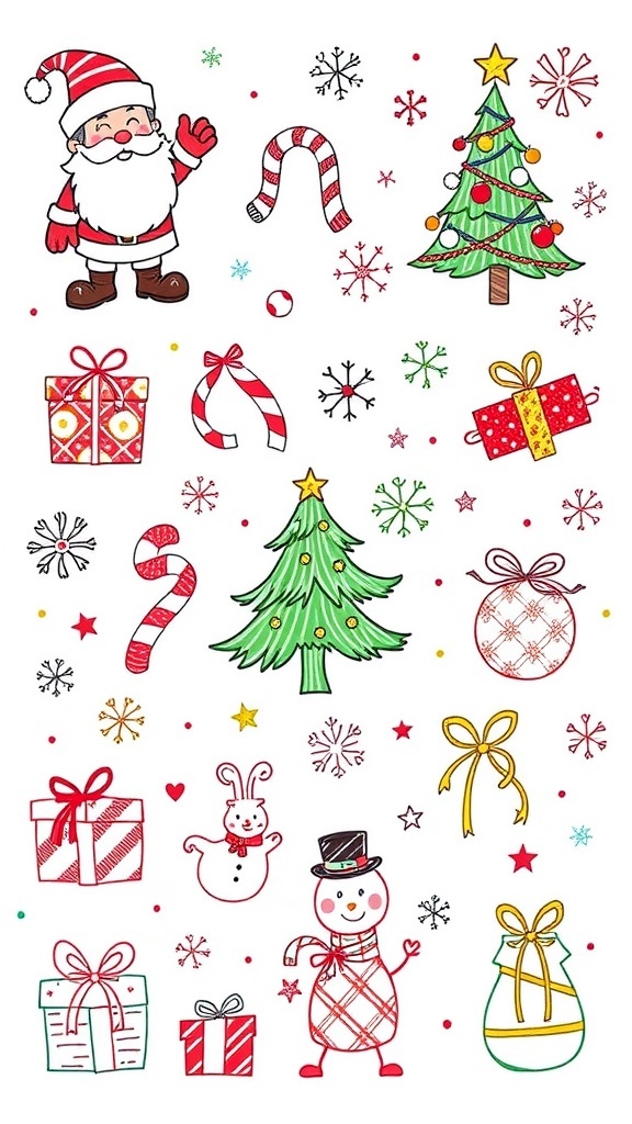 A vibrant assortment of Christmas doodles featuring Santa, a Christmas tree, snowflakes, and gifts.
